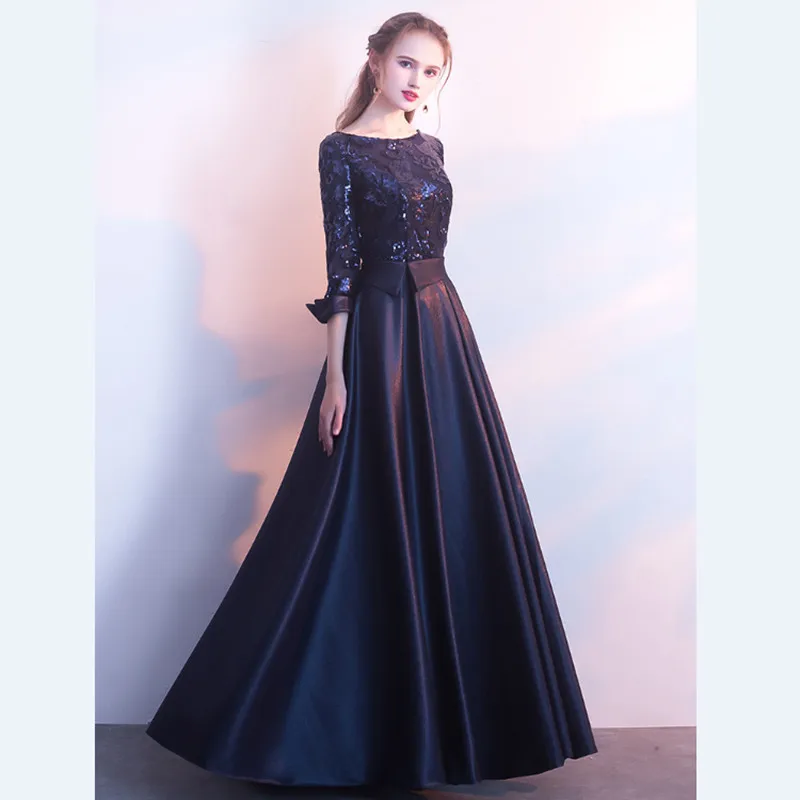 WYHS-8090L#Medium Long Evening Dresses Sequins Golden Navy wine red Gert Green Black Various colors Satin wholesale party dress