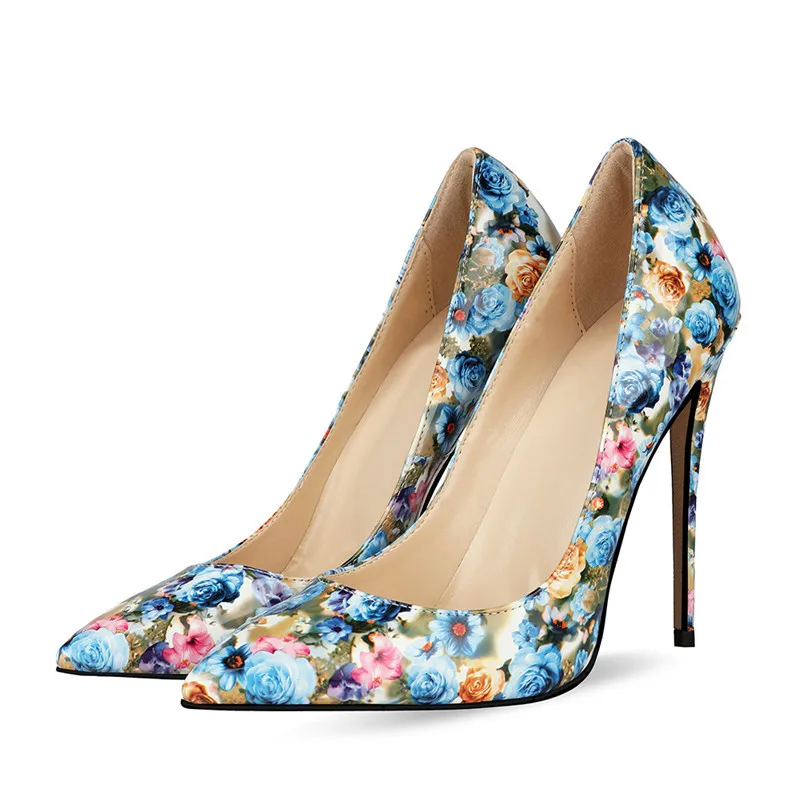 Printing Flower Women Pumps Shoes Patent Leather High Heels Shoes Sweet Shallow Shoes Woman Big Size Blue Floral Wedding Shoes