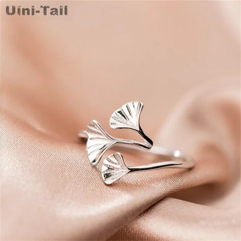 UiniTail new design hot-selling 925 Tibetan silver three ginkgo leaf open ring fashion literary fresh simple girlfriend ring