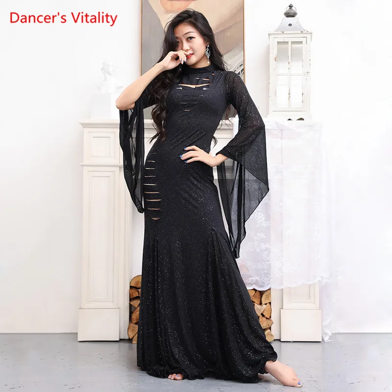 Belly Dance Dress Round Neck Sequins Long Skirt Flared Sleeves Competition Clothes Woman Elegant Performance Clothing