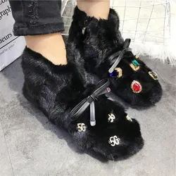 Crystal Decor Women Winter Warm Fur Booties Flat Botas Mujer Casual stivaletto suola spessa scarpe con plateau stivali da neve da donna