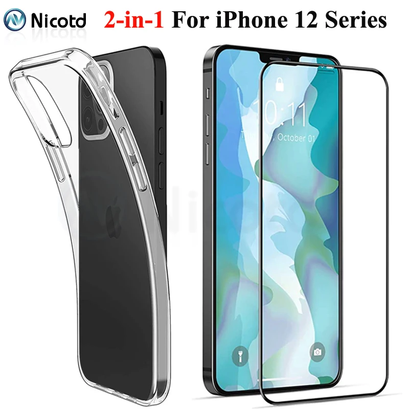 2-in-1 Front Full Cover Tempered Glass + Back TPU Silicone Case For iPhone 12 Pro Max Screen Protector For iPhone 12 mini 12 Pro