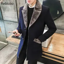 Fur Collar Trench Coat Men Wool Blend Winter Coat Slim Fit Men Manteau Homme Mid-Long Black Grey Mens Trench Coat Blue S~5XL
