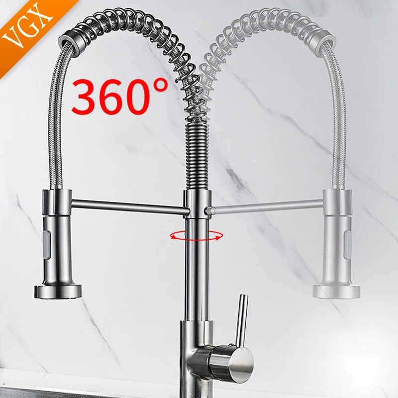 VGX Kitchen Faucet with Pull Down Sprayer Single Handle Mixer for Basin 360° Rotating Spring Style Taps Brass Chrome Gold Black