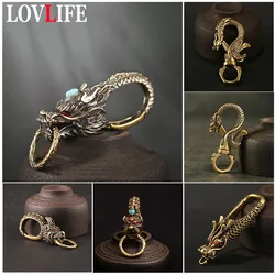 Vintage Brass Keychain Pure Copper Beast Dragon Lucky Key Holder DIY Keyring Accessories Luxury Brand EDC Carabiner Tool Gifts