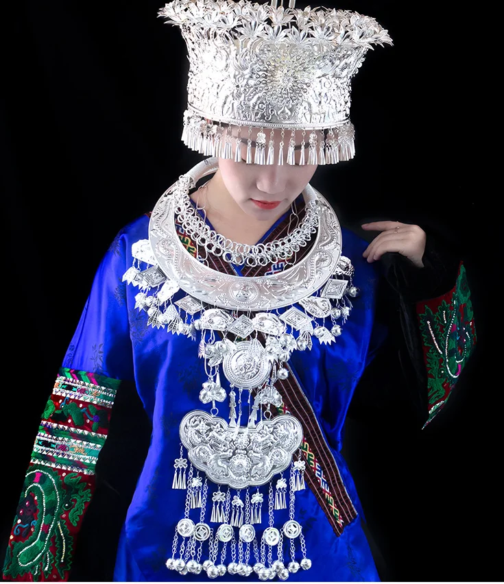 Sombrero de plata Miao Guizhou, tocado de plata Miao, joyería con cuello, traje de danza folclórica étnica china