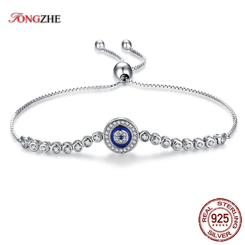 TONGZHE Summer Collection Blue Lucky Eye Bracelet 925 Sterling Silver Bracelets  Charm Clear CZ for Women Men Fine Jewelry