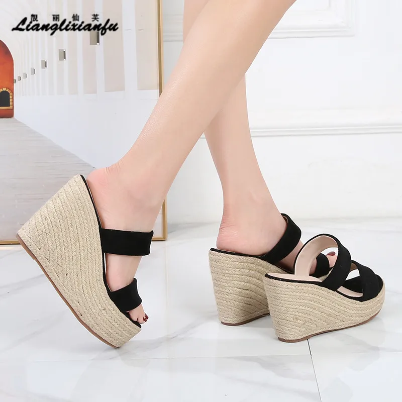 Summer 9cm 11cm High-heeled Women Pumps Platform Hemp shoes Buckle Casual Nude stilettos Round Head Sandals Small Yards:30 31 32