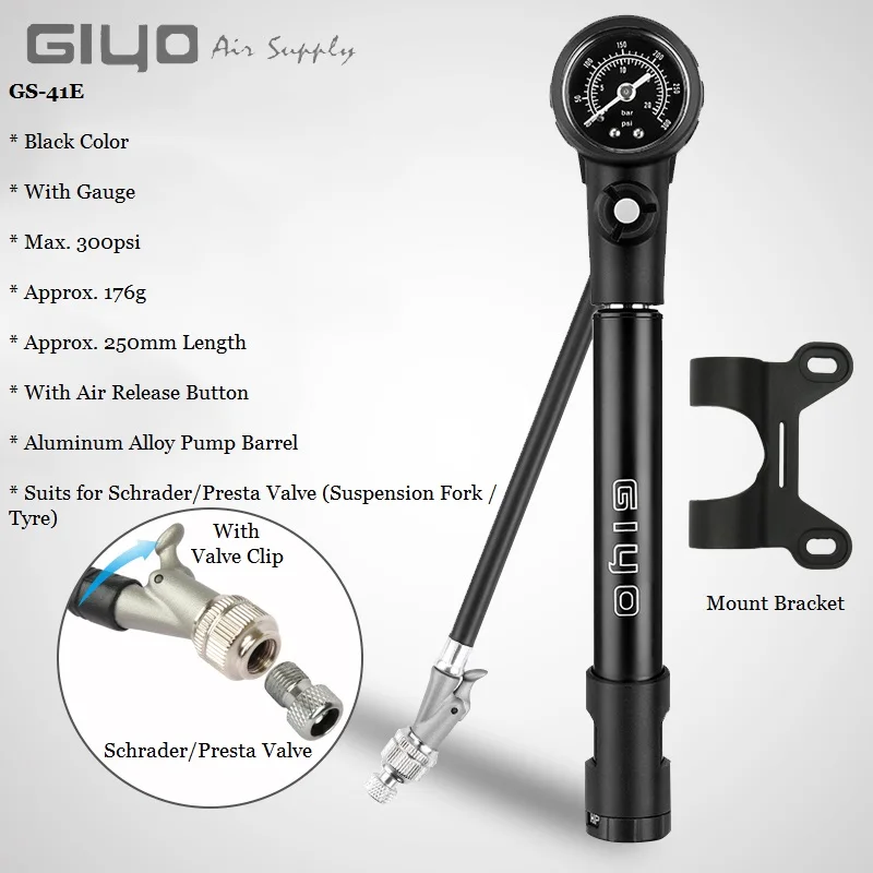 Giyo 300psi MTB Suspension Air Pump Bicycle Shock Fork Pump Bike Motor Schrader Presta Tyre Inflator Mini Gauge Tire Pumping