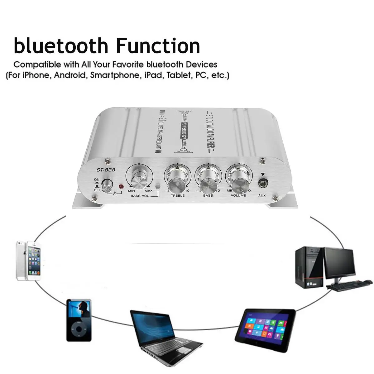 12V3A الطاقة + الصوت كابل ST-838 رقمي صغير مرحبا فاي سيارة مكبر كهربائي 2.1CH 40 واط 2x20 واط الرقمية مضخم صوت ستيريو باس مشغل الصوت