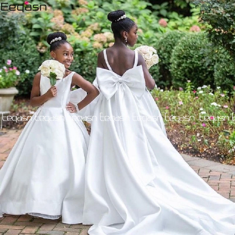 Vestido de fiesta largo blanco, vestidos de niña de flores con lazo grande en la espalda, vestido de princesa de satén para celebridades, vestido de fiesta de boda personalizado