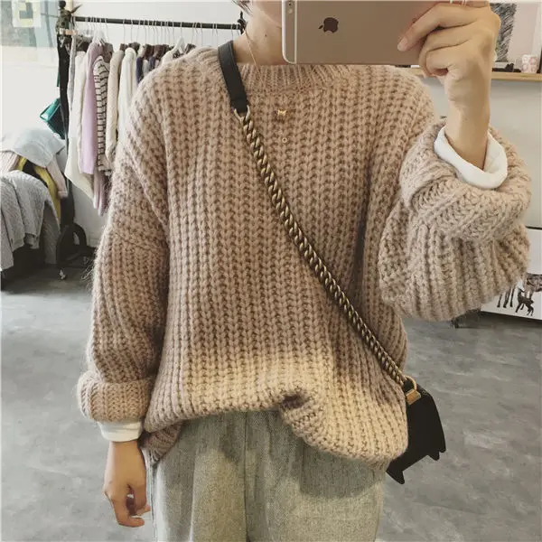 Pullover Women Solid O-neck Knitted Stylish Retro Loose Harajuku Korean Style Chic Daily Womens Sweaters All-match Winter Simple