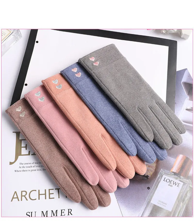 New Women Winter Thin Section Keep Warm Touch Screen Gloves Female Heart Embroidery Elegant Style Windproof Drive Gloves