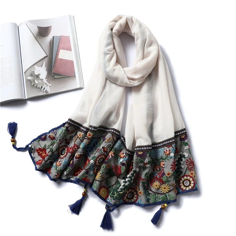 Bufanda de algodón con bordado de encaje para mujer, chales con estampado Floral Vintage, borlas, Pashmina, Hijab musulmán