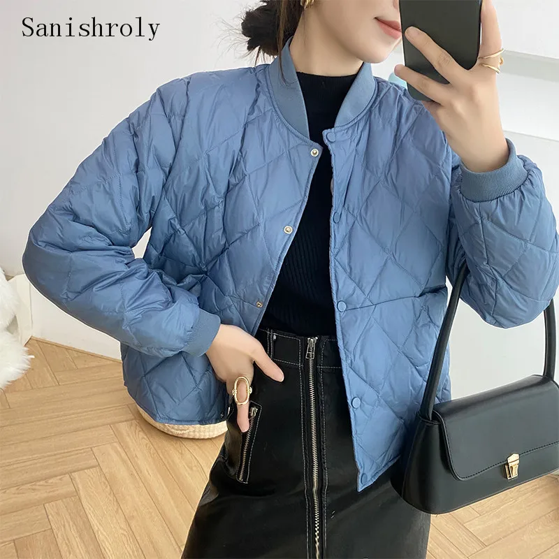 Sanishroly Women Ultra Light White Duck Down Jacket Lady O Neck Single-breasted Bomber Coat Casual Diamond lattice Short Parka