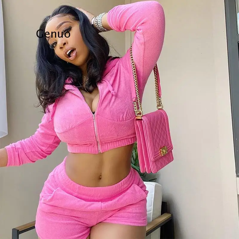 Pink Casual Two Piece Set Zipper Hoodie Crop Top and Pants Tracksuit Women Set Solid 2 Piece Set Women Autumn Summer Outfits New