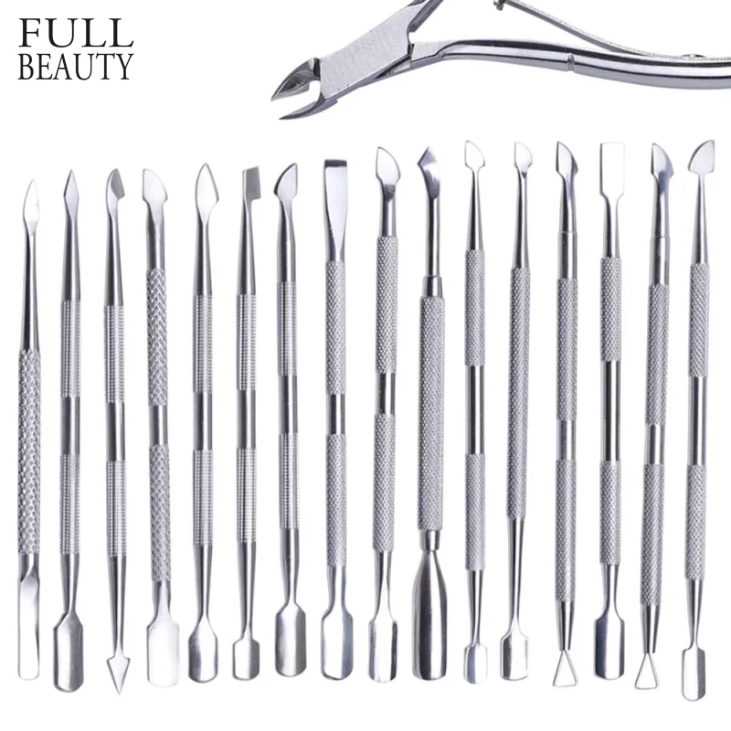 17 Type Stainless Steel Cuticle Pusher Manicure Pedicure Cutter Spoon Remover Dead Skin Double Side Nail Art Cleaner Tool CHA17