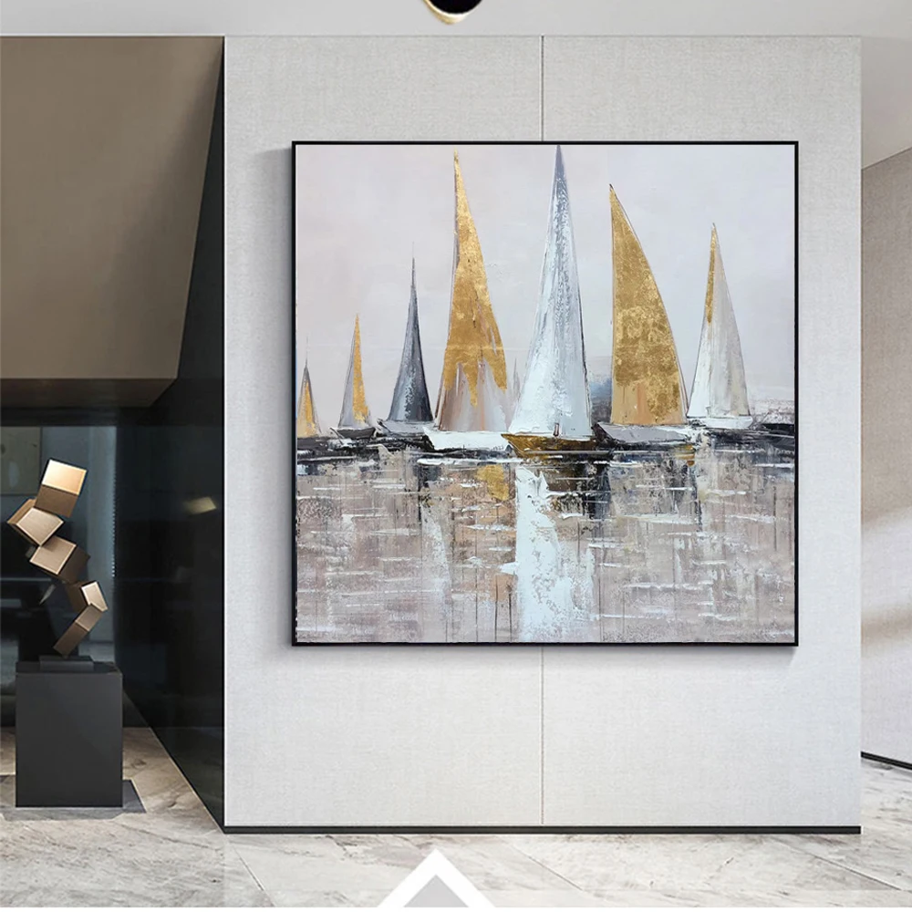 Abstract Gold Foil Sailing Boat Painting, Hand Painted Canvas Painting, Grandes Decoration, Salon Picture for Home and Office