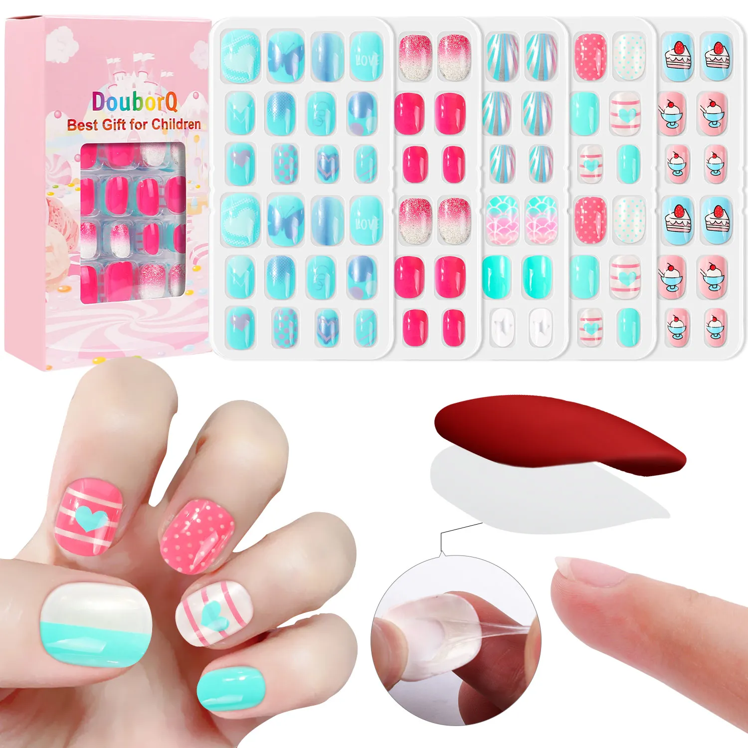 120pcs/lot  Full Cover Kids False Nails Press On Self Adhesive Nail Manicure Tips Candy Color Fake Nails DIY for Children