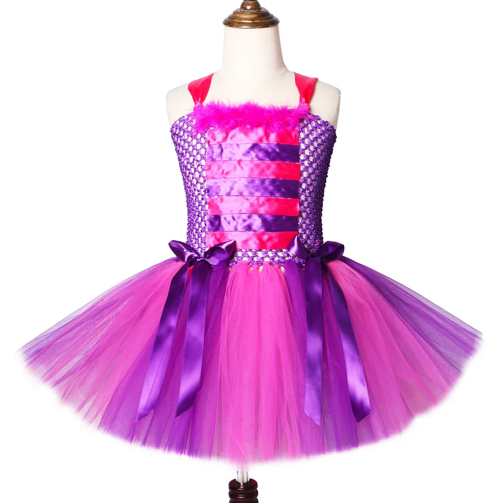 Alice In Wonderland Cheshire Cat Girls Tutu Dress Hot Pink Purple Cartoon Tulle Girls Party Dress Kids Halloween Cosplay Costume