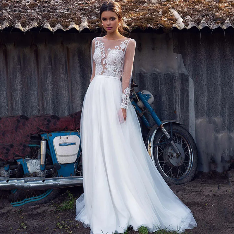 Vestido De novia elegante De manga larga, traje bohemio con cuello redondo, apliques De encaje, línea A, Espalda descubierta, color blanco marfil