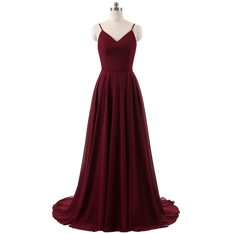 Uma linha chiffon cintas de espaguete elegante vestidos de dama de honra festa de casamento à noite formal baile trem varredura zíper volta