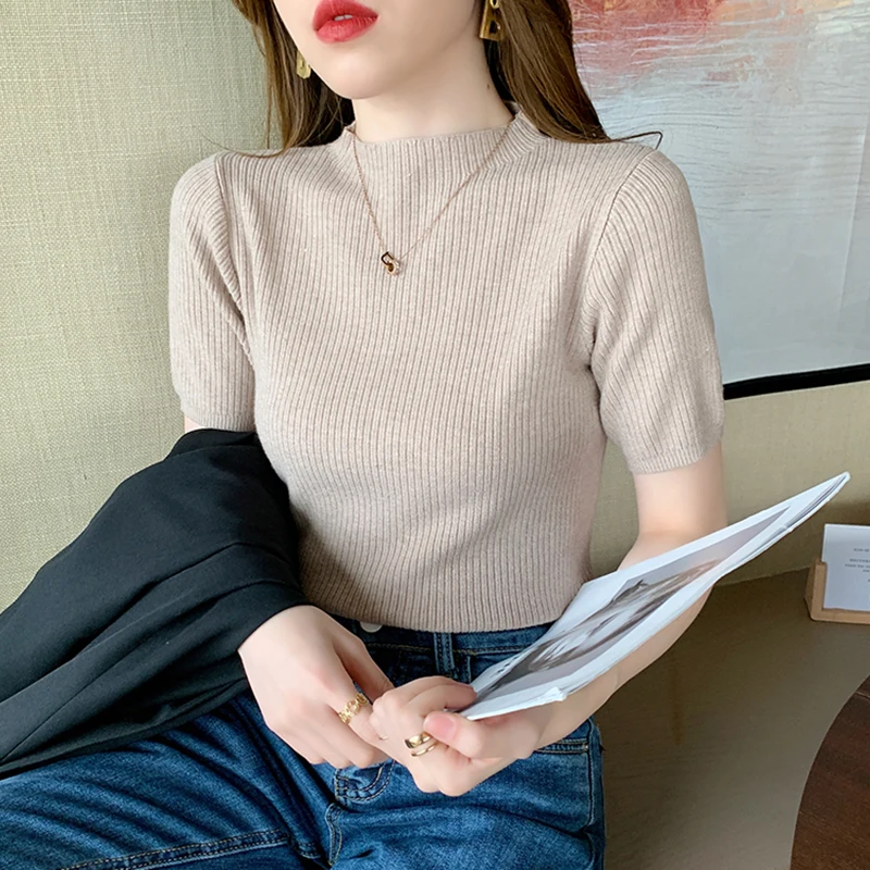 2024 Summer Knitted Thin Sweater Pullovers Korean Half Sleeve Turtleneck Sweater for Women Slim Jumper Tops Office Lady