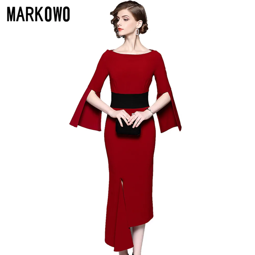 MARKOWO Designer Brand 2022 New Irregular Waist Slim Temperament Red Long Skirt Women's Banquet Dress