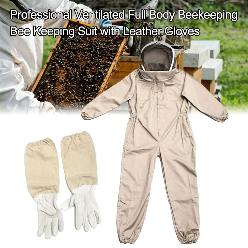 Professional Ventilated Full Body Beekeeping Suit Unisex Design Siamese Bee Clothing with Leather Gloves Coffee Color