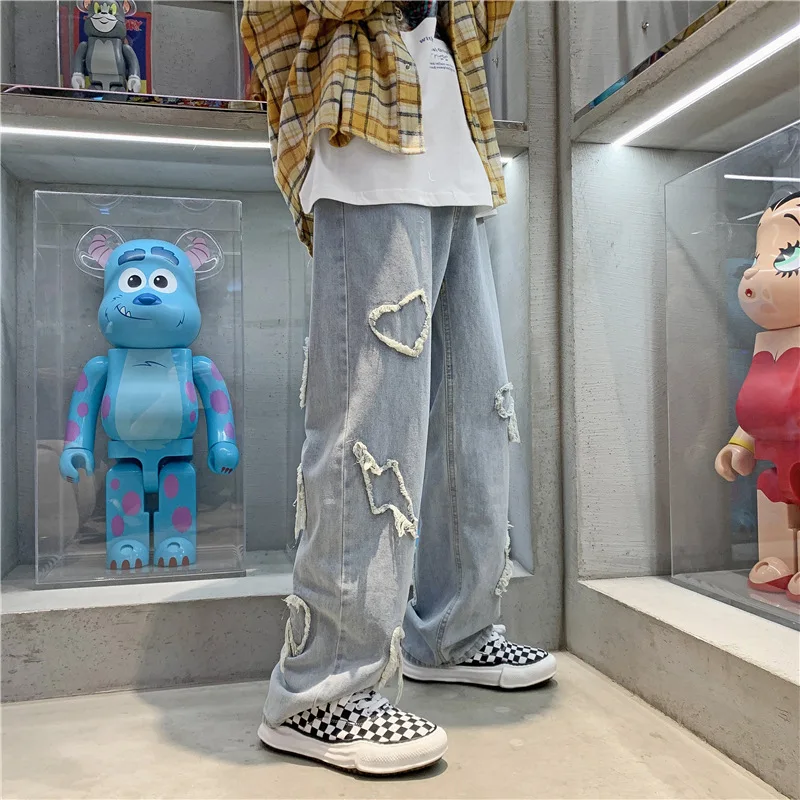 ICCLEK Hip-hop Jeans Men's Fall Loose Straight-leg Pants High Street Trousers Punk Pants  Men Jeans  Men Jeans Pants