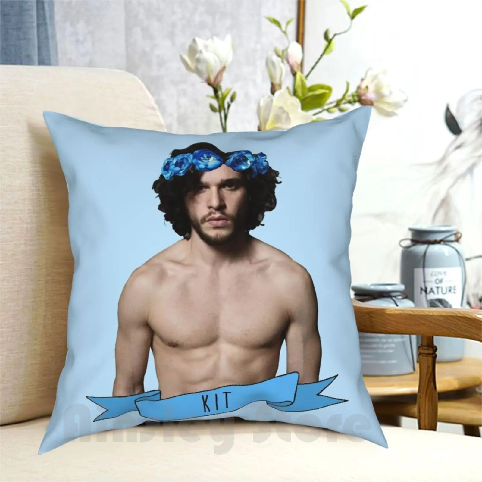 Flower Crown-Kit Pillow Case Printed Home Soft DIY Pillow cover Kit Harington Blue Light Blue Soft Pastel Pastel Blue Got