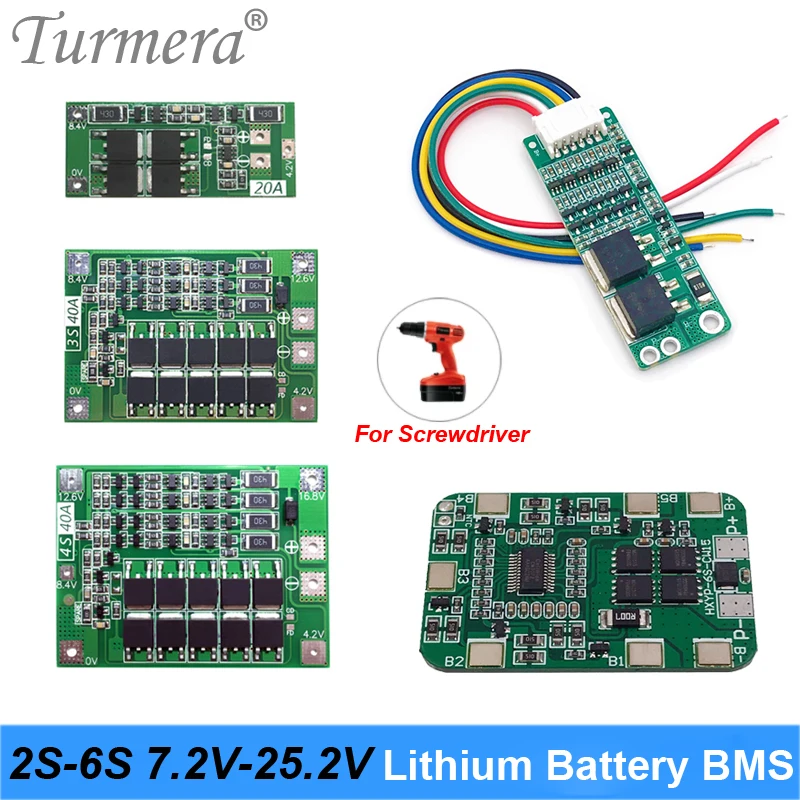 Turmera 2S 7.2V 3S 12.6V 4S 16.8V 5S 21V 6S 25.2V BMS akumulator litowo-jonowy równowaga chroniona płyta dla 18V 21V śrubokręt użycie baterii