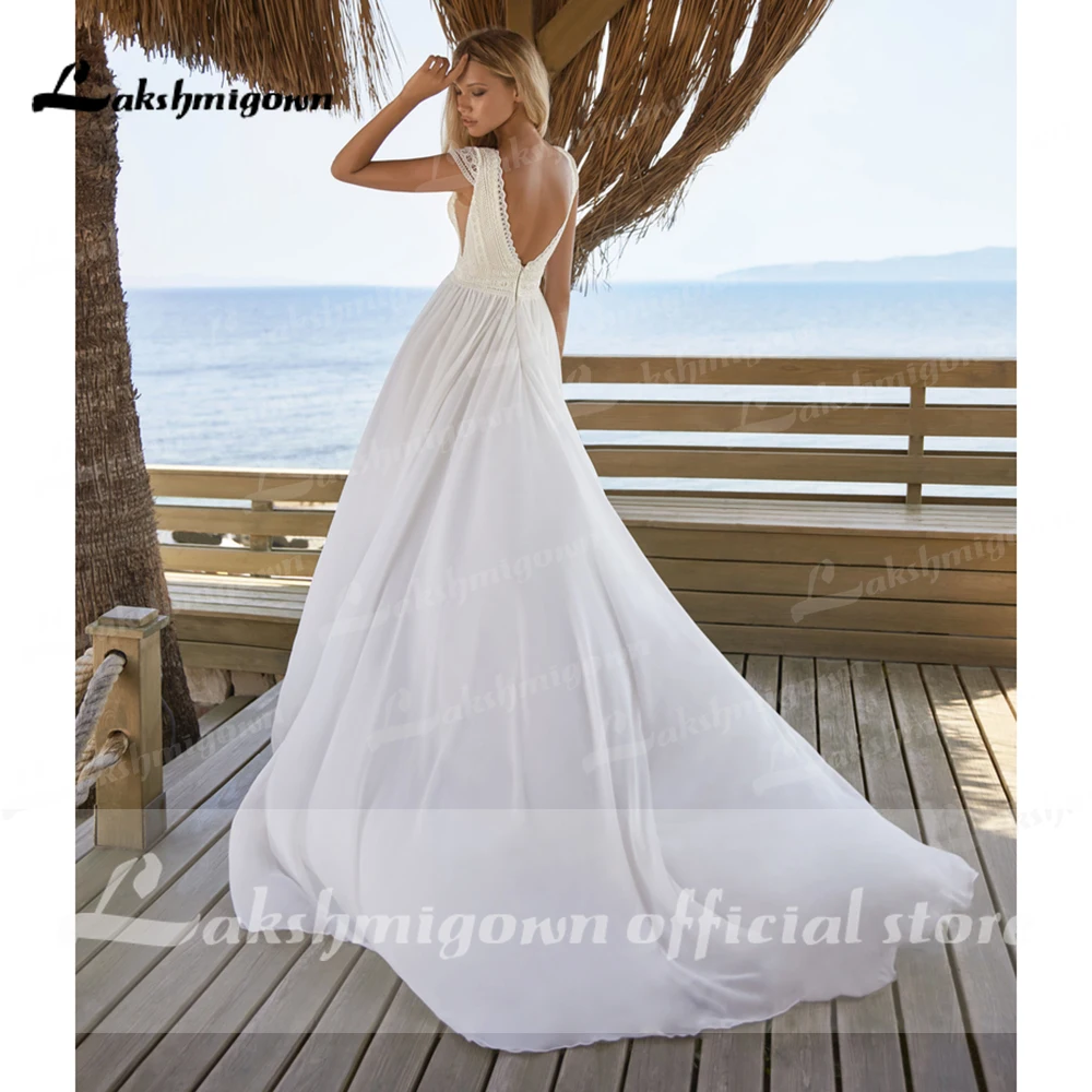 Simple Customized Bohemian Wedding Dress Cap Sleeve V-Neck Floor Length Chiffon A-Line Bridal Gowns With Charming For Women