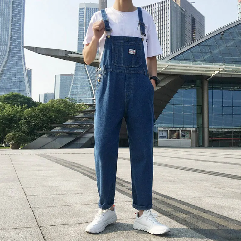2021 Streetwear Overalls Men Jumpsuit Pants Cotton Hip-hop Straps Pockets Casual Slim Suspenders Solid Male Romper Ankle Length