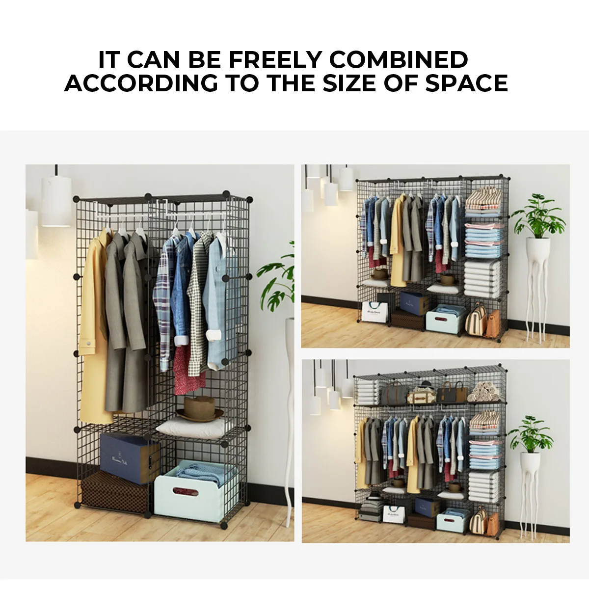 Multifunctional Black Metal Mesh Combination Storage DIY Cube Wardrobe And Modular Shelf Net Wire Mesh Shelf Home Organizer