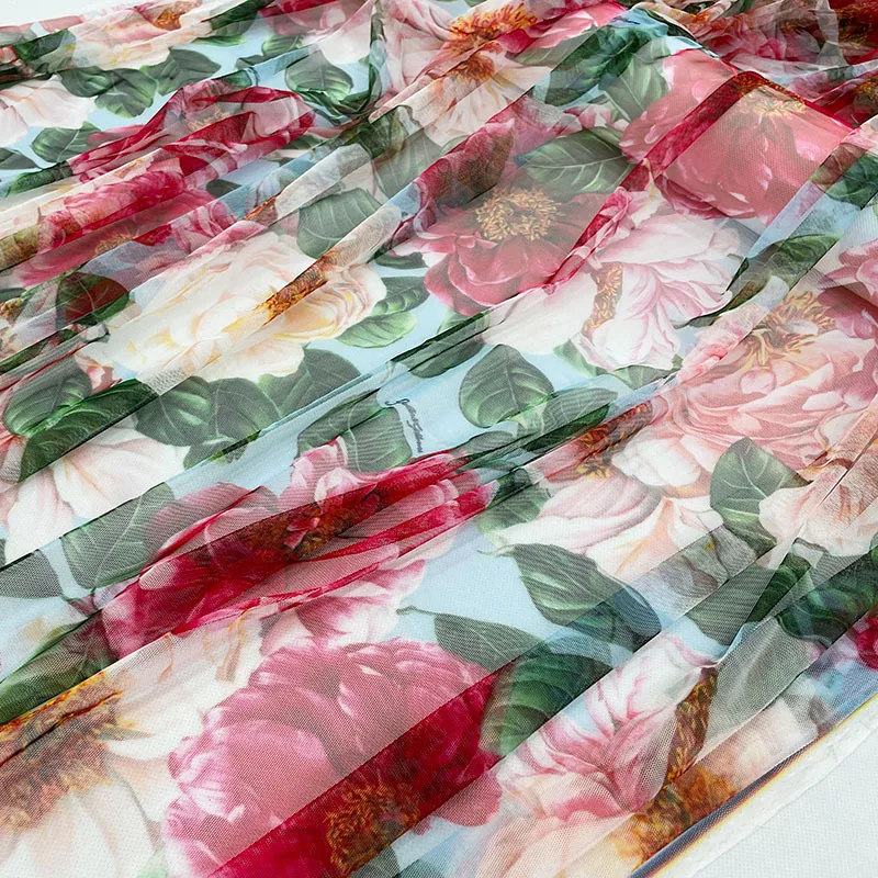 Luxury Brand Peony Flower Print Polyester Mesh Fabric Thin Spring Summer Vacation Fashion Clothing Fabric Cloth for Dress Meter