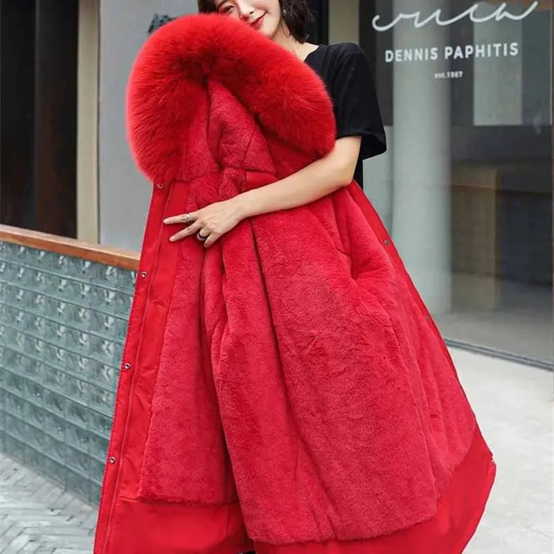 2022 New Winter Parka Women Padded Jacket Velvet Liner Thick Warm Coat Loose Big Fur Collar Hooded Outwear 6XL Casaco Feminino