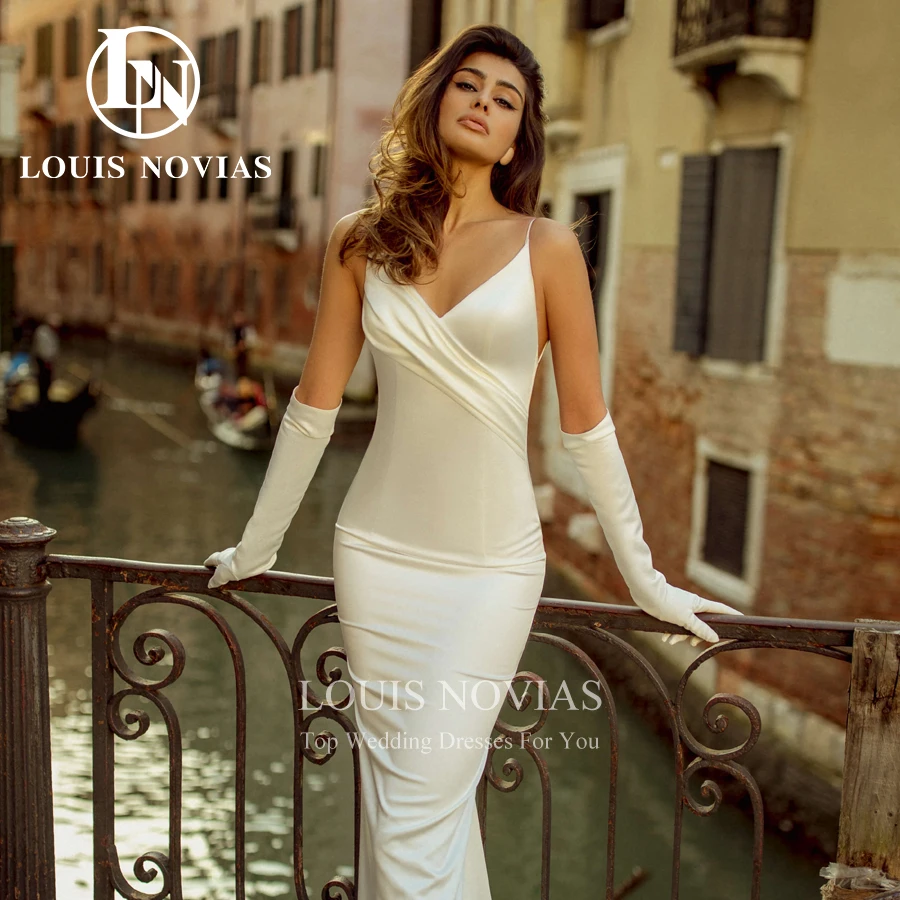 LOUIS NOVIAS Mermaid Wedding Dress Sexy Simple Backless Bridal Gown Spaghetti Straps Satin V-Neck Bride Dresses Vestido De Novia