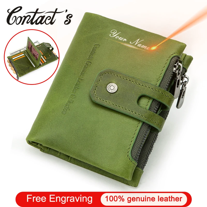 Contact's Free Engraving 100% Genuine Leather Women Wallet Double Zipper Coin Purse Small Card Holder Wallets for Men Portfolio