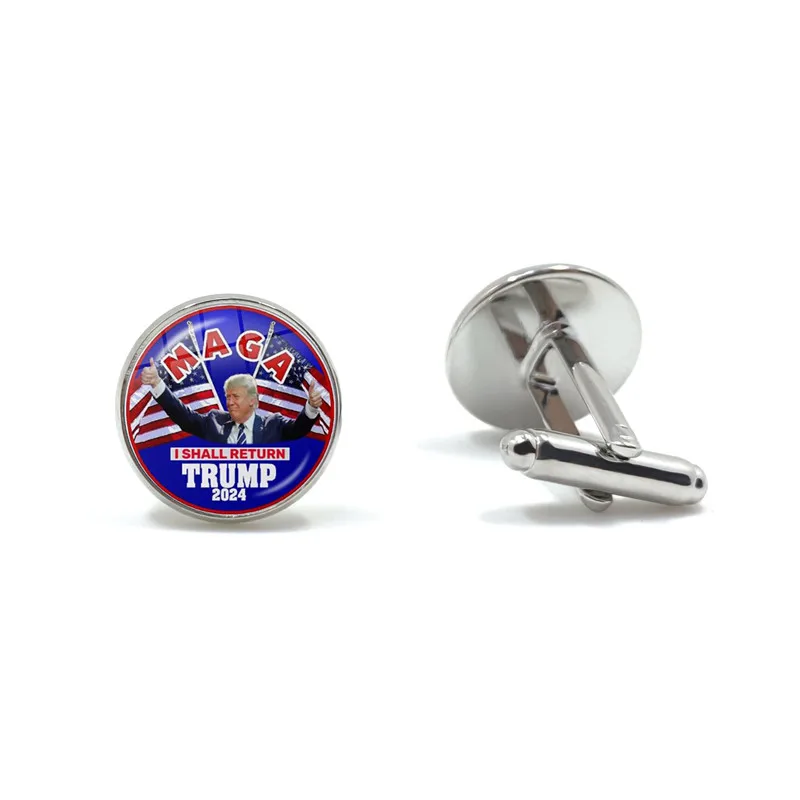 Trump 2024 Flag Creative Print He will Be Back for President USA Statement Glass Dome Cuff Button Cufflinks Jewelry Gift