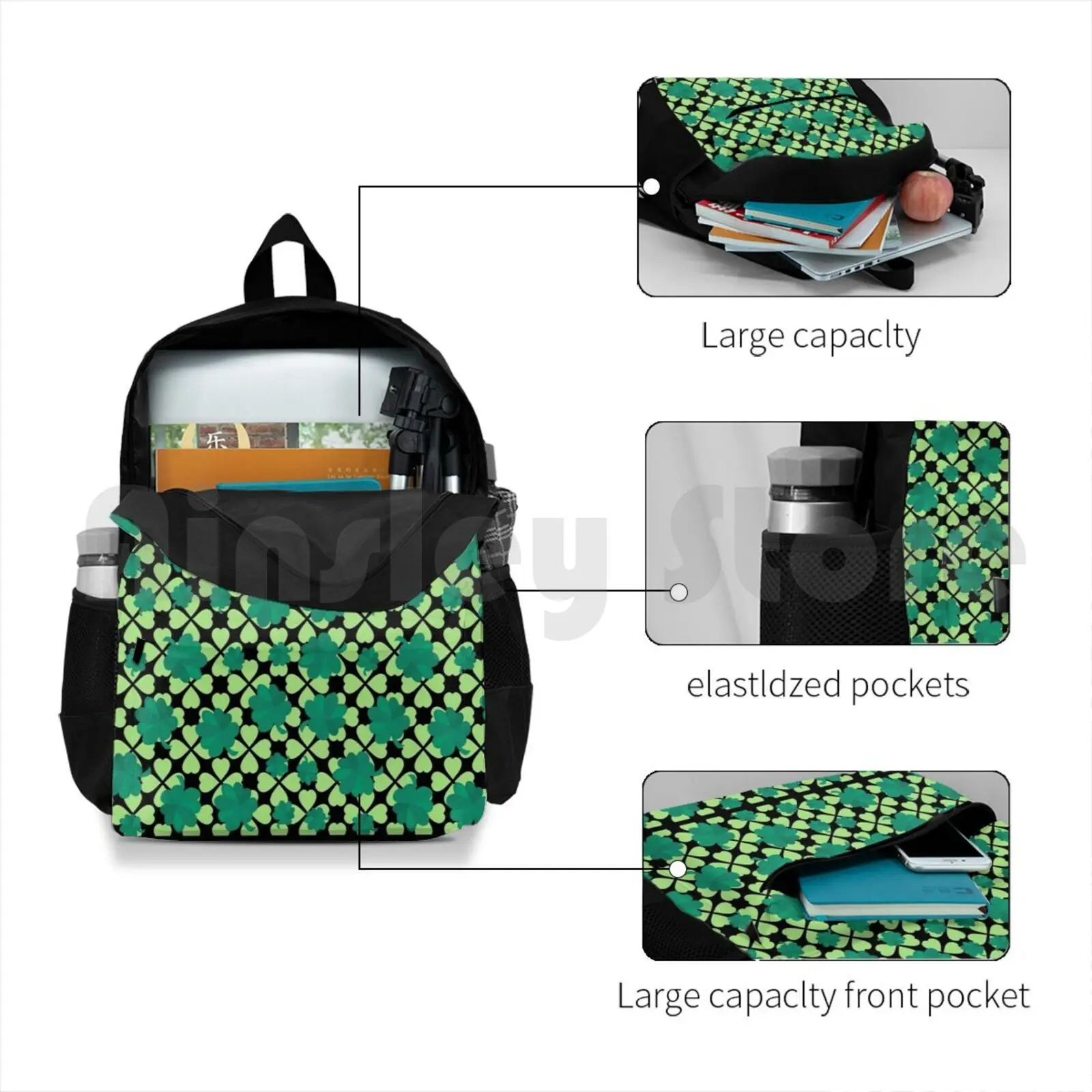 Lucky Clover Pattern Backpack para esportes ao ar livre, caminhadas, equitação, escalada, amor, feliz dia, 4 folhas