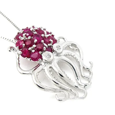 Fashion Sterling Silver Octopus Pendant 2mm Natural Ruby Silver Pendant 925 Silver Ruby Necklace Pendant Gift for Woman