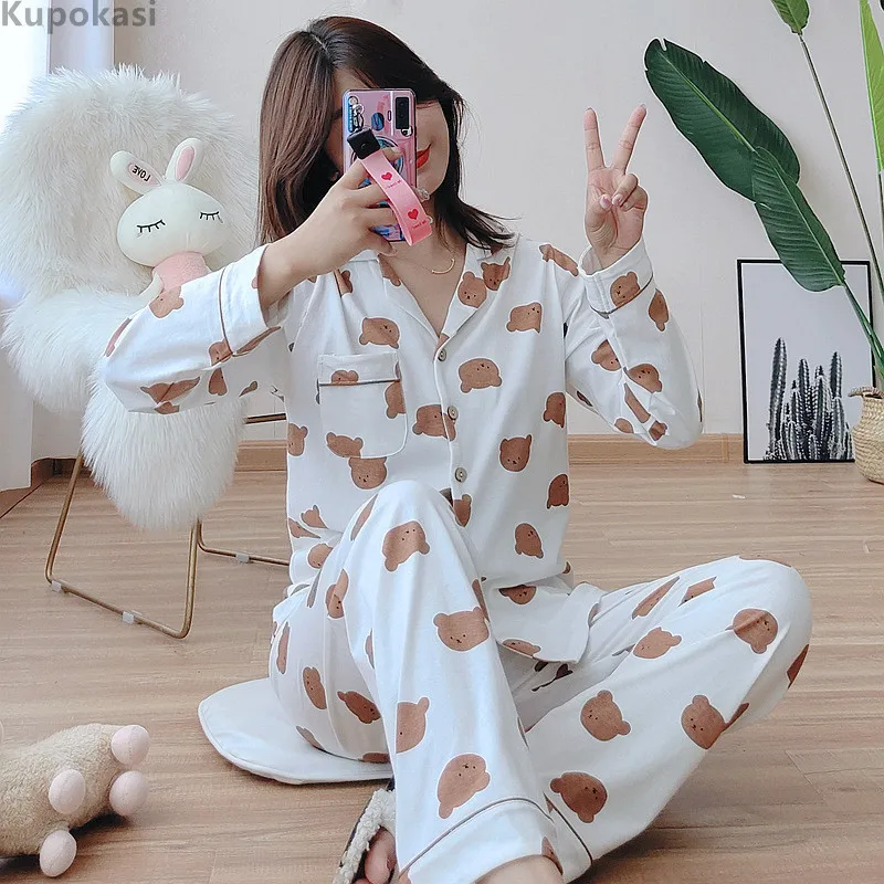 

Kupokasi 2Pcs Cotton Women Pajamas Turn-down Collar Long Sleeve Sleepwear Girl Cute Bear Summer Pyjama Female Homewear ชุดนอน