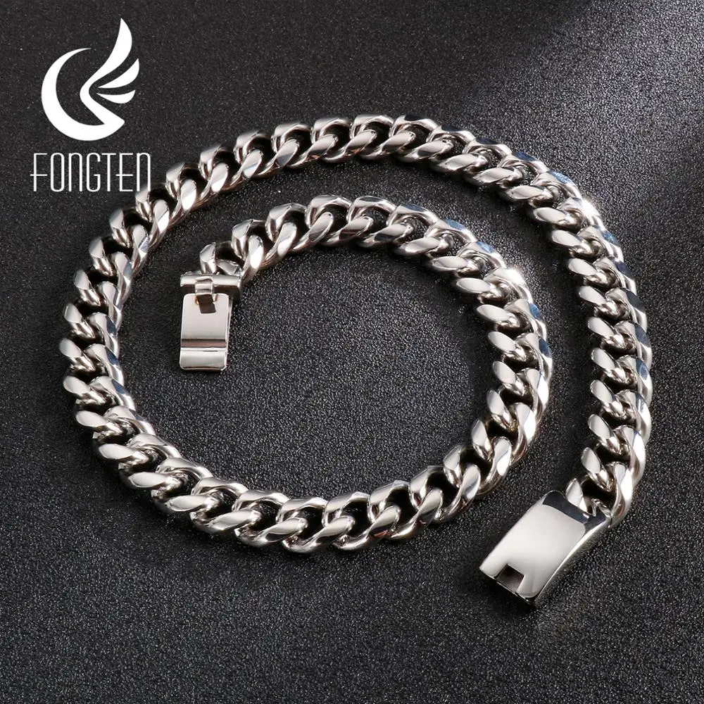 

Fongten 13/15mm Cuban Chain Necklace For Men Stainless Steel Choker Curb Chain Necklace Men Silver Color Handmade Jewelry