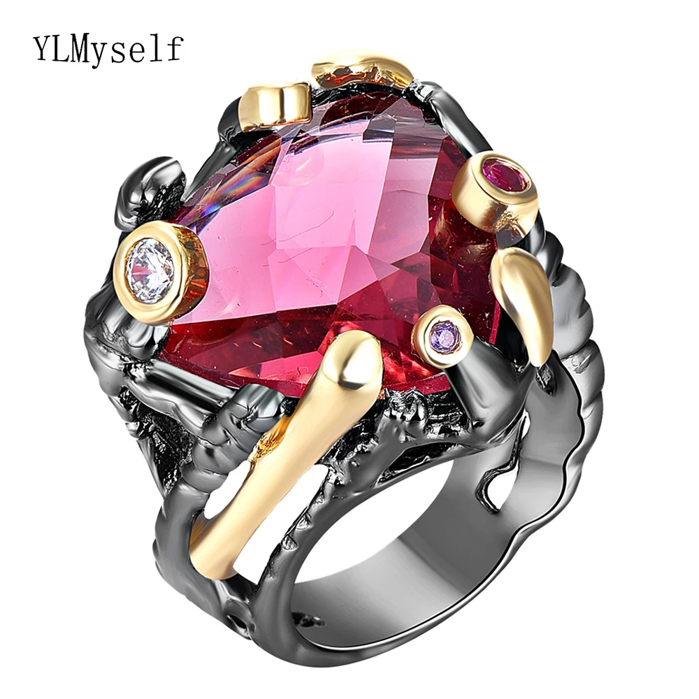 

Exaggerated BigTriangle Zircon Fuchsia/Golden Stone, 2 Tone Black, Irregula Finger Ring Cocktail Fashion Party Jewelry For Women