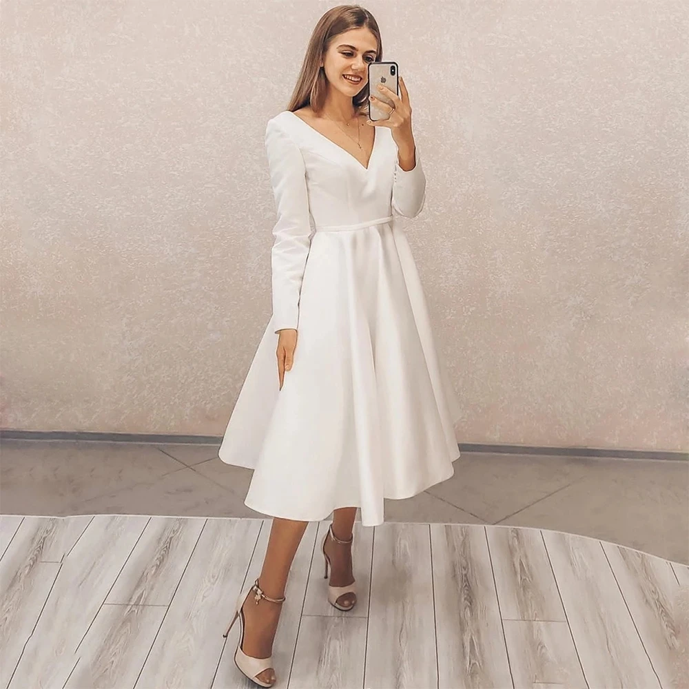 

Weiyin AE0725 Short Wedding Dress 2023 A-Line Long Sleeve V-Neck Simple Boho Vintage For Women Robe De Mariee Bridal Gowns