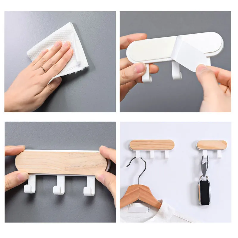 Wood Key Holder Hat Scarf Storage Organizer Strong Viscosity Key Ring Storage Rack Phone Hooks Self Adhesive Wall Mounted Hanger