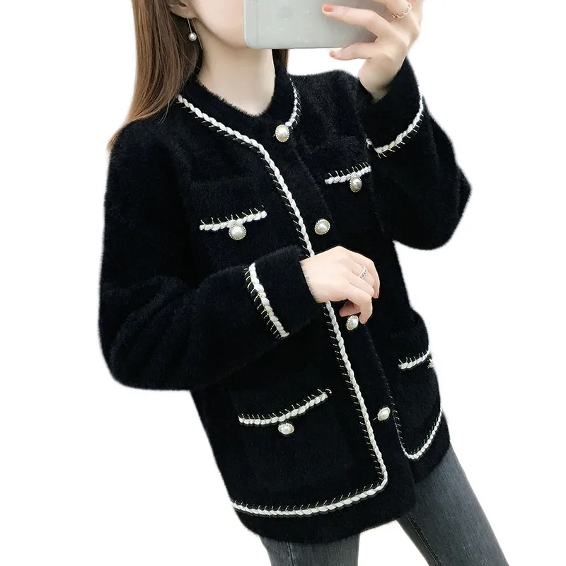 Short Jacket Women Shaggy Coat Autumn Cardigan Knit Sweater Female Tops Imitation Mink Velvet Single-Breasted Casual Outerwear