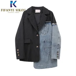 Streetwear Women Stripe Blazers Coat Denim Patchwork Single Breasted Suit Coat Lady Asymmetry Stylish Blazer Jacket High quality