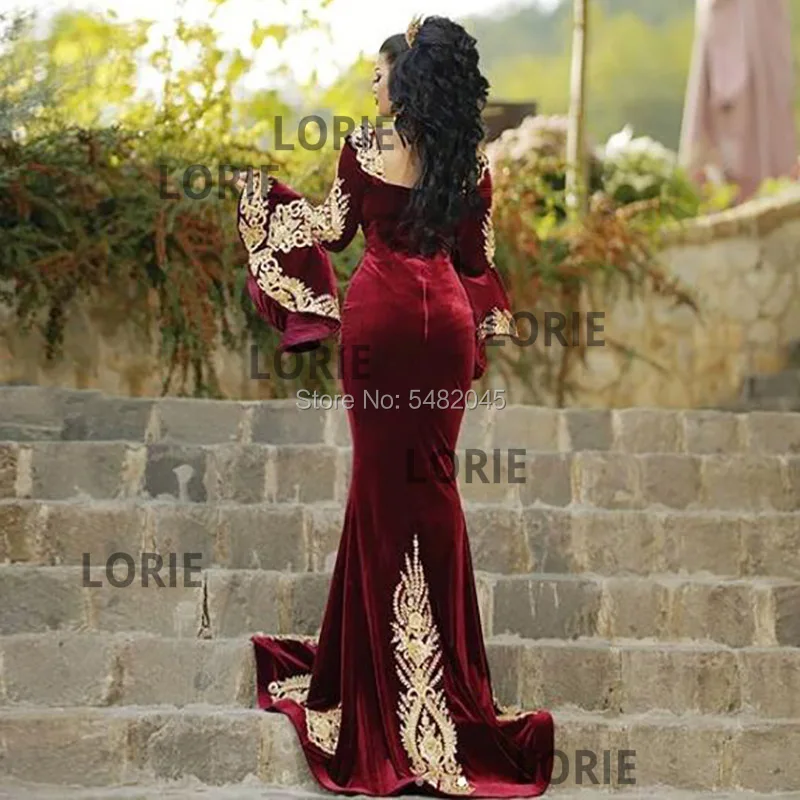 LORIE Moroccan Caftan Arabic Evening Dress with Detachable Train Appliques Gold Lace Long Sleeve Mermaid Velvet Prom Party Gowns